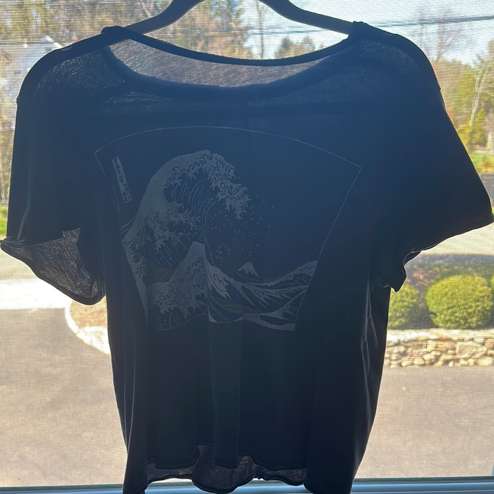 Black Graphic Tee with Wave Design